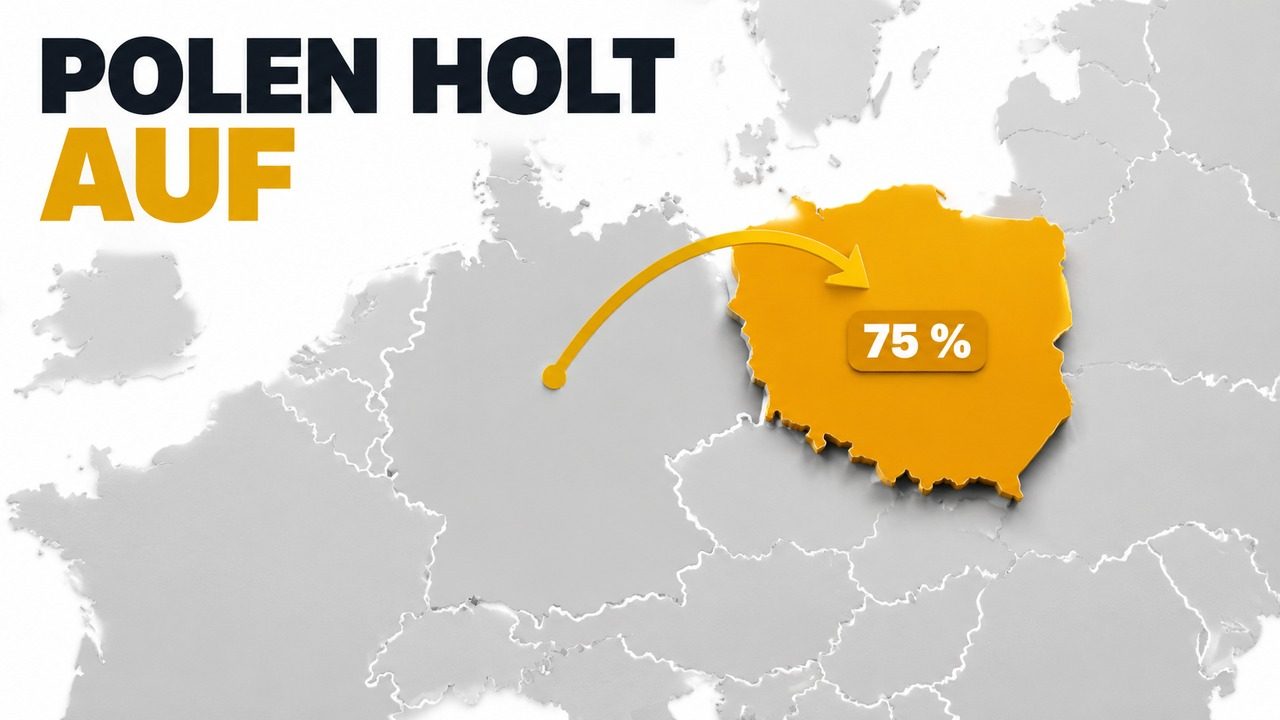 Thumbnail: Polen in Gold auf einer hellen Europakarte, daneben „Polen holt auf“